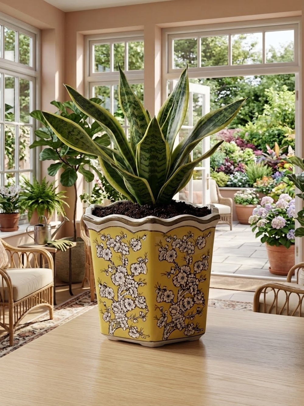 Yellow Chinoiserie Planter - Large Asian Floral Ceramic Cachepot - 8” Square pot